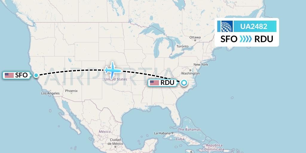 UA2482 United Airlines Flight Map: San Francisco to Raleigh-Durham