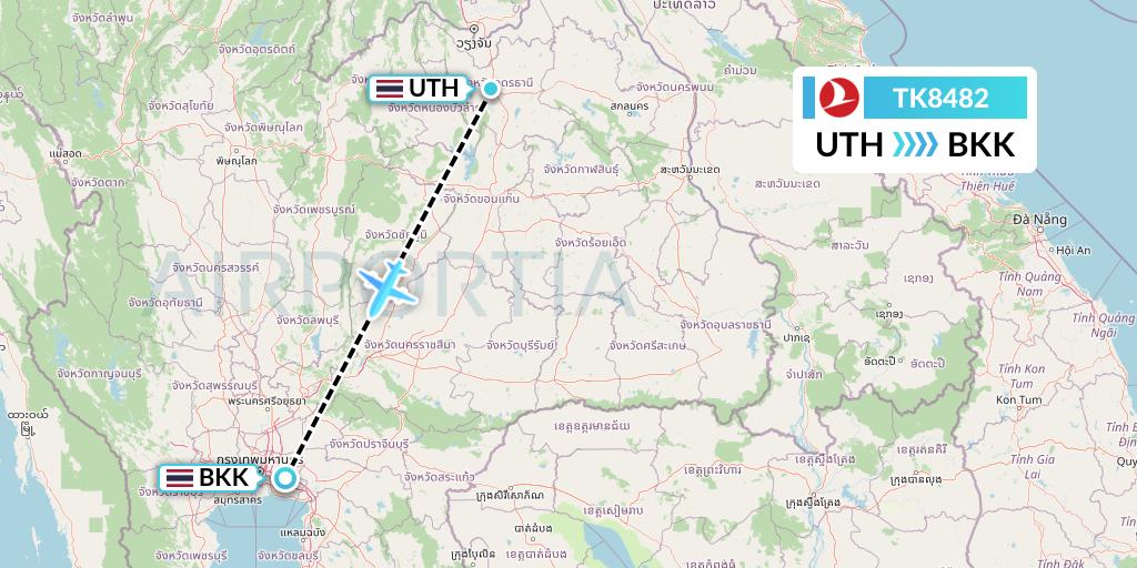 TK8482 Turkish Airlines Flight Map: Udon Thani to Bangkok