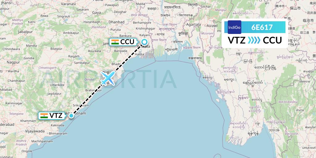 6E617 IndiGo Airlines Flight Map: Visakhapatnam to Kolkata