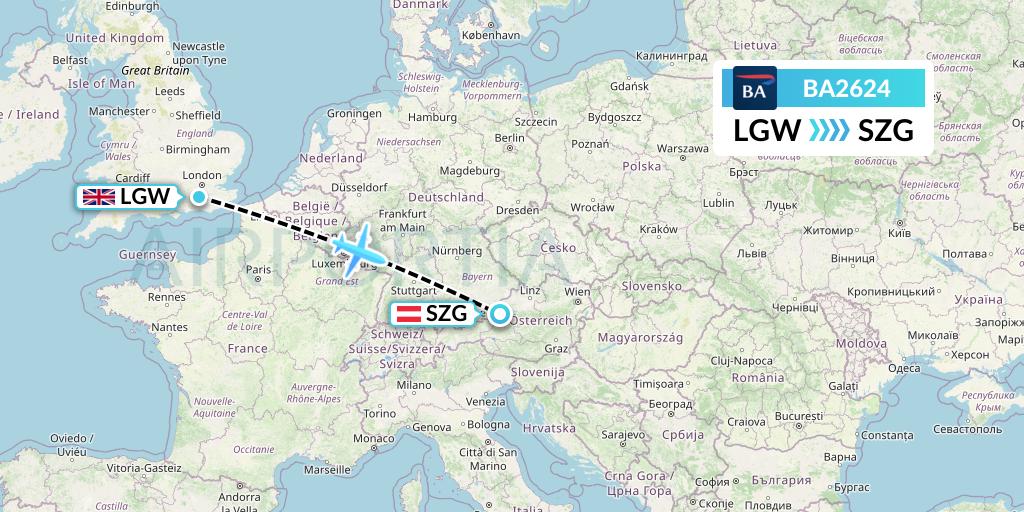 BA2624 British Airways Flight Map: London to Salzburg