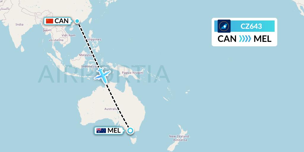 CZ643 China Southern Airlines Flight Map: Guangzhou to Melbourne