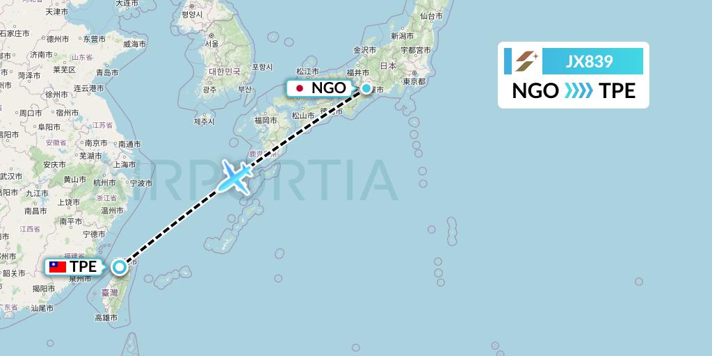 JX839 Starlux Airlines Flight Map: Nagoya to Taipei