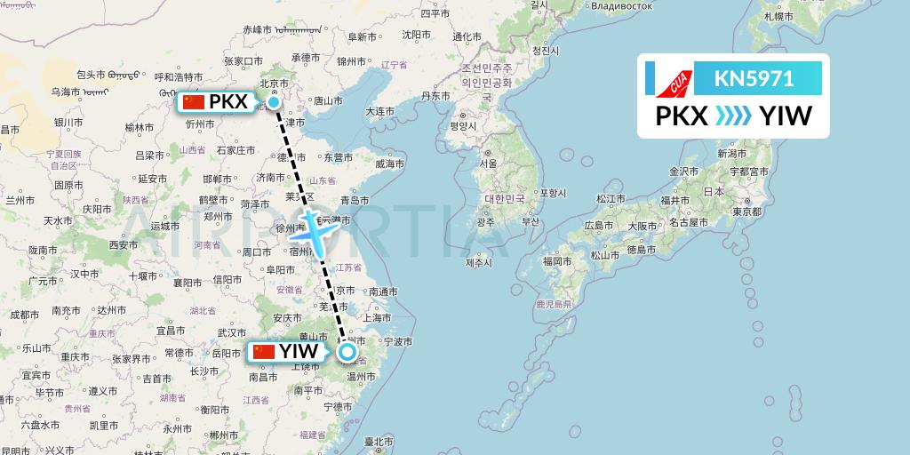 KN5971 China United Airlines Flight Map: Beijing to Yiwu