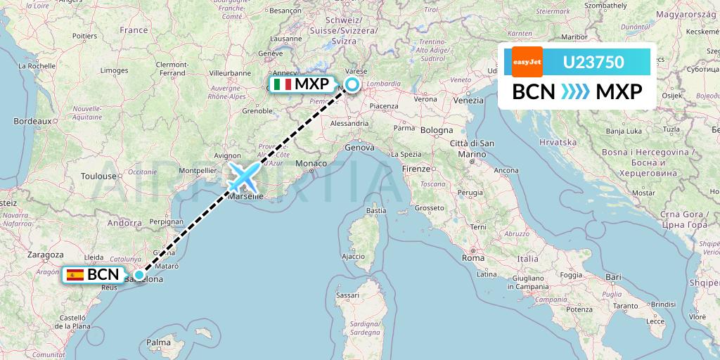 U23750 EasyJet Flight Map: Barcelona to Milan