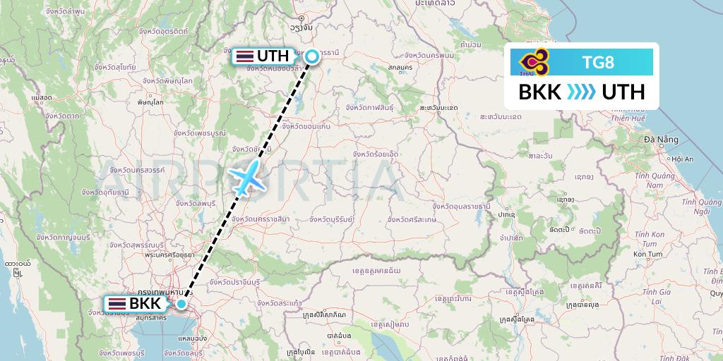 TG8 Thai Airways Flight Map: Bangkok to Udon Thani