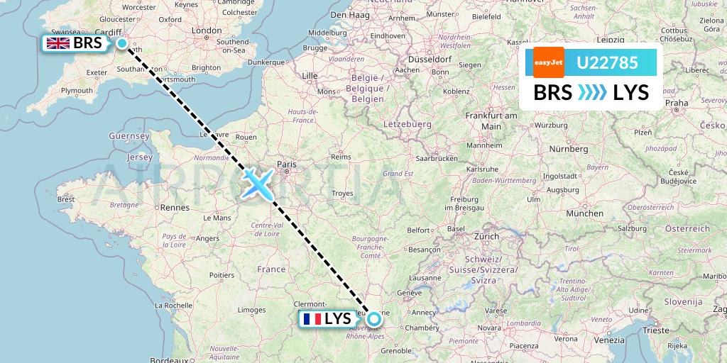 U22785 EasyJet Flight Map: Bristol to Lyon