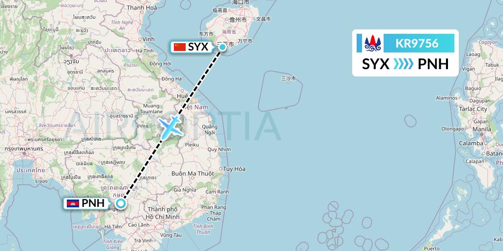 KR9756 Cambodia Airways Flight Map: Sanya to Phnom Penh
