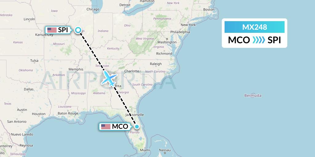 MX248 Breeze Airways Flight Map: Orlando to Springfield