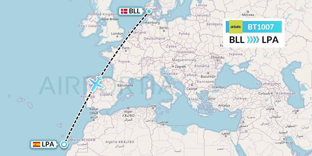 BT1007 Air Baltic Flight Map: Billund to Las Palmas