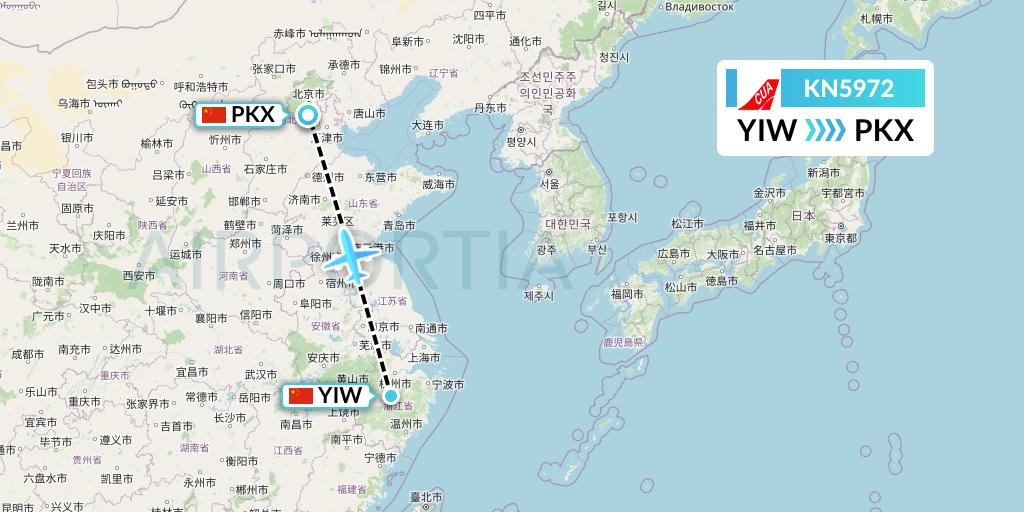 KN5972 China United Airlines Flight Map: Yiwu to Beijing