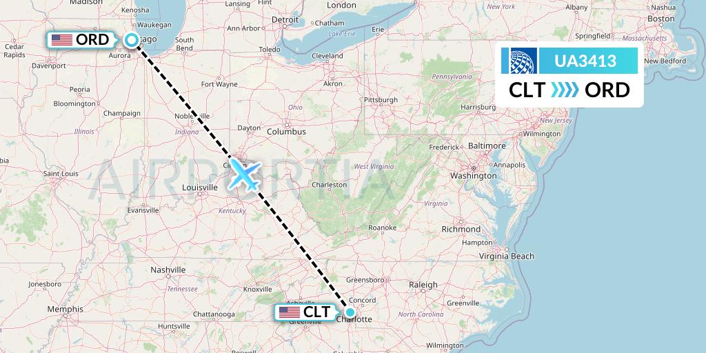 UA3413 United Airlines Flight Map: Charlotte to Chicago