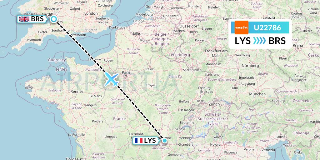 U22786 EasyJet Flight Map: Lyon to Bristol