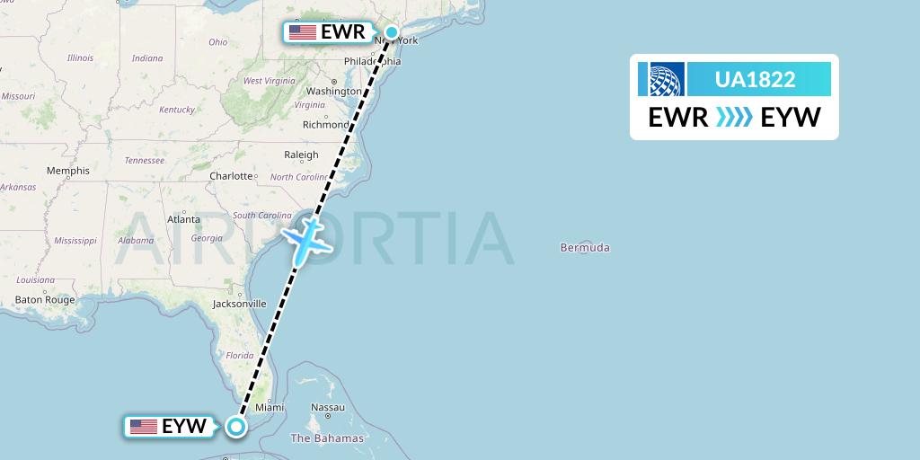 UA1822 United Airlines Flight Map: New York to Key West