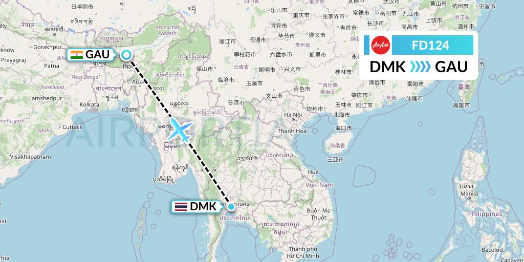 FD124 Thai AirAsia Flight Map: Bangkok to Guwahati