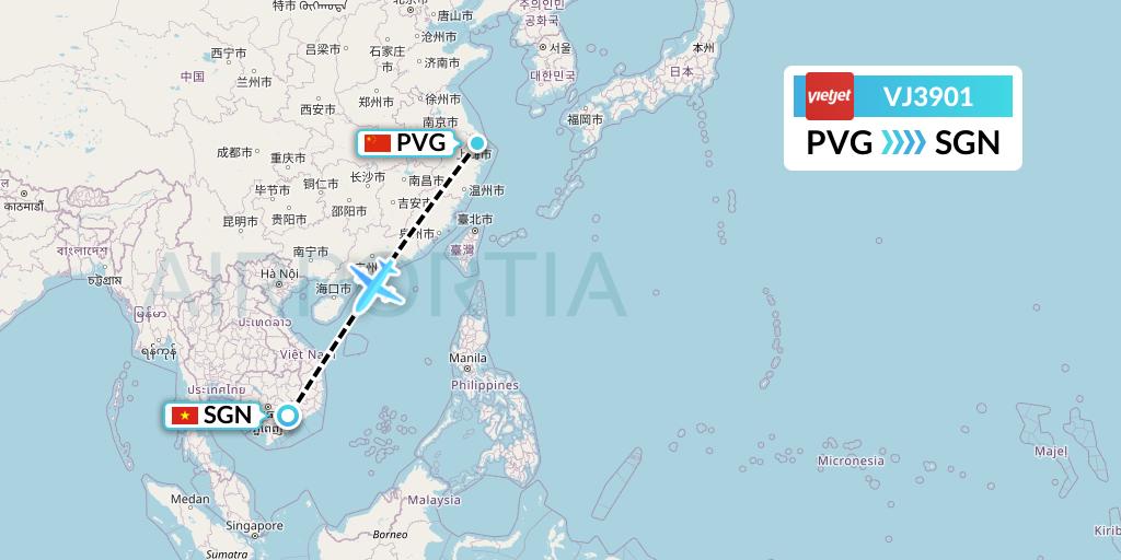 VJ3901 VietJet Air Flight Map: Shanghai to Ho Chi Minh City