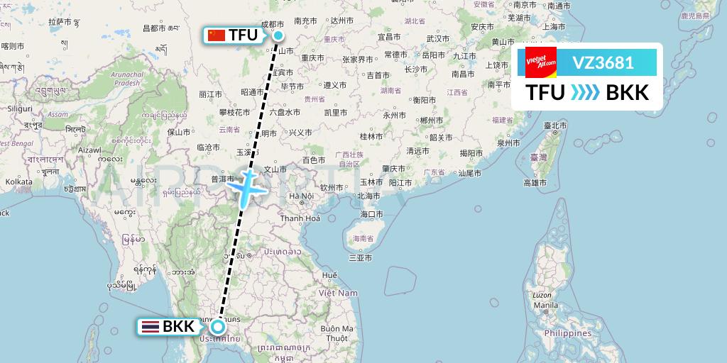 VZ3681 Thai Vietjet Air Flight Map: Chengdu to Bangkok