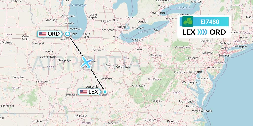 EI7480 Aer Lingus Flight Map: Lexington to Chicago