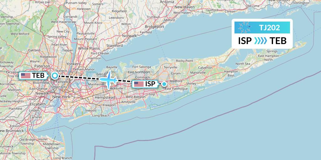TJ202 Tradewind Aviation Flight Map: Islip to Teterboro