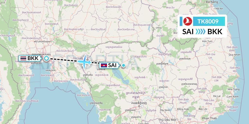 TK8009 Turkish Airlines Flight Map: Siem Reap to Bangkok