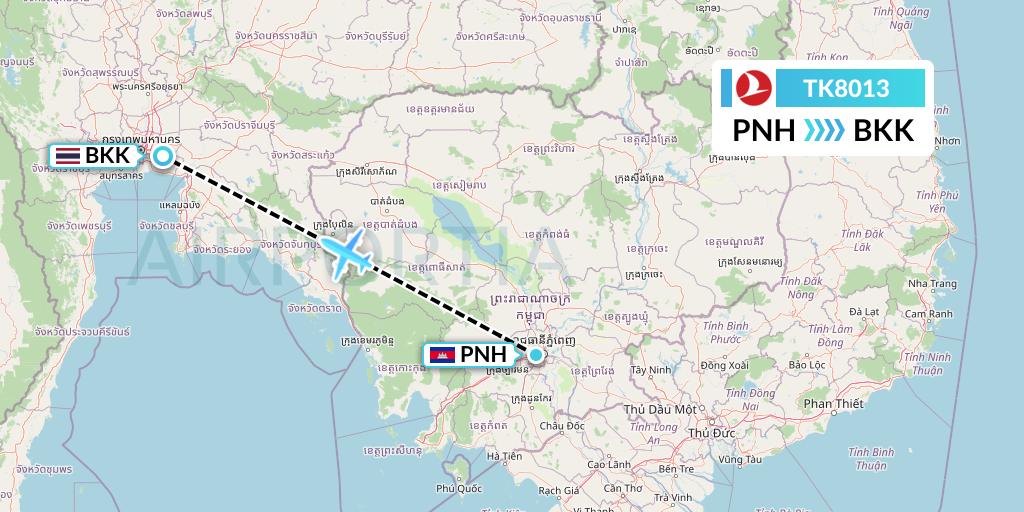TK8013 Turkish Airlines Flight Map: Phnom Penh to Bangkok