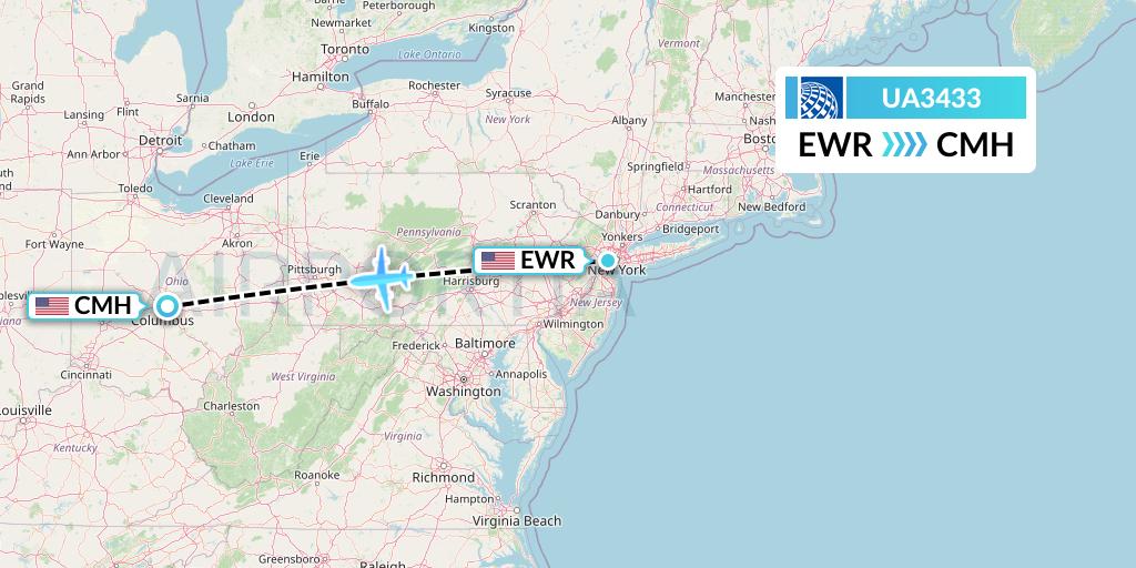 UA3433 United Airlines Flight Map: New York to Columbus