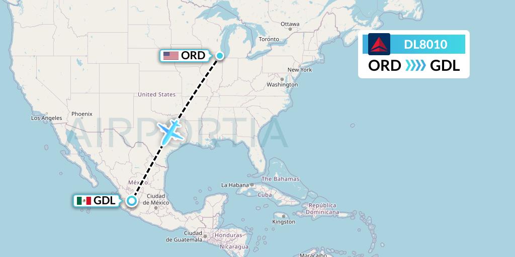 DL8010 Delta Air Lines Flight Map: Chicago to Guadalajara