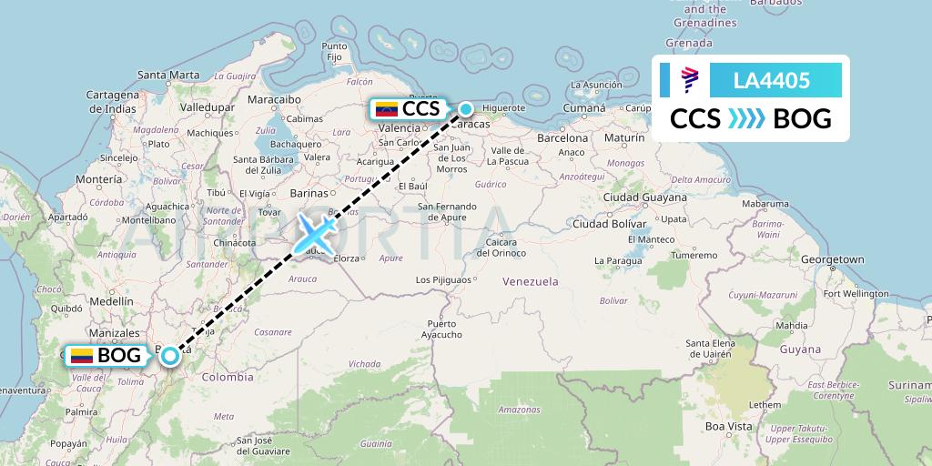 LA4405 LAN Airlines Flight Map: Caracas to Bogota