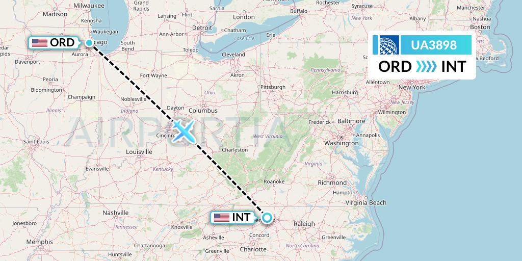 UA3898 United Airlines Flight Map: Chicago to Winston-Salem