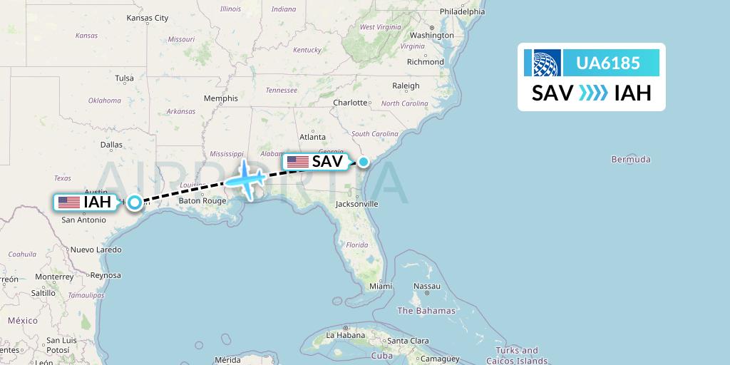 UA6185 United Airlines Flight Map: Savannah to Houston