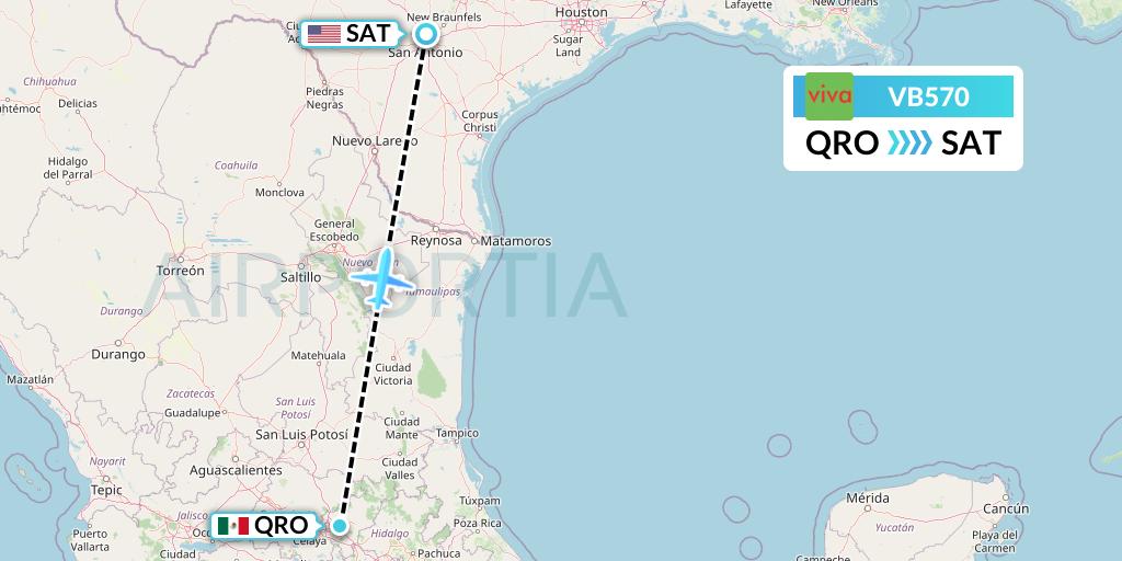 VB570 VivaAerobus Flight Map: Queretaro to San Antonio
