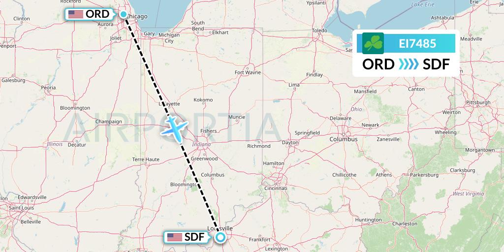 EI7485 Aer Lingus Flight Map: Chicago to Louisville