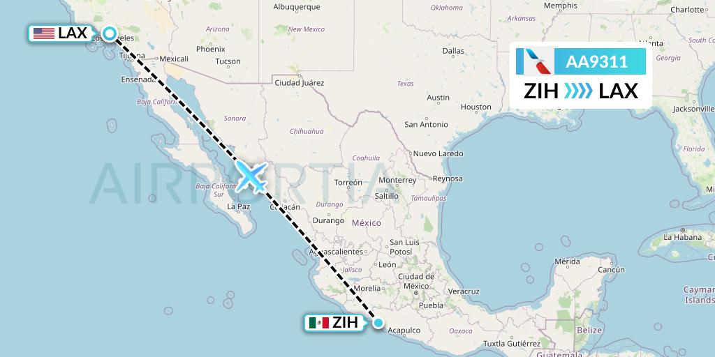 AA9311 American Airlines Flight Map: Zihuatanejo to Los Angeles