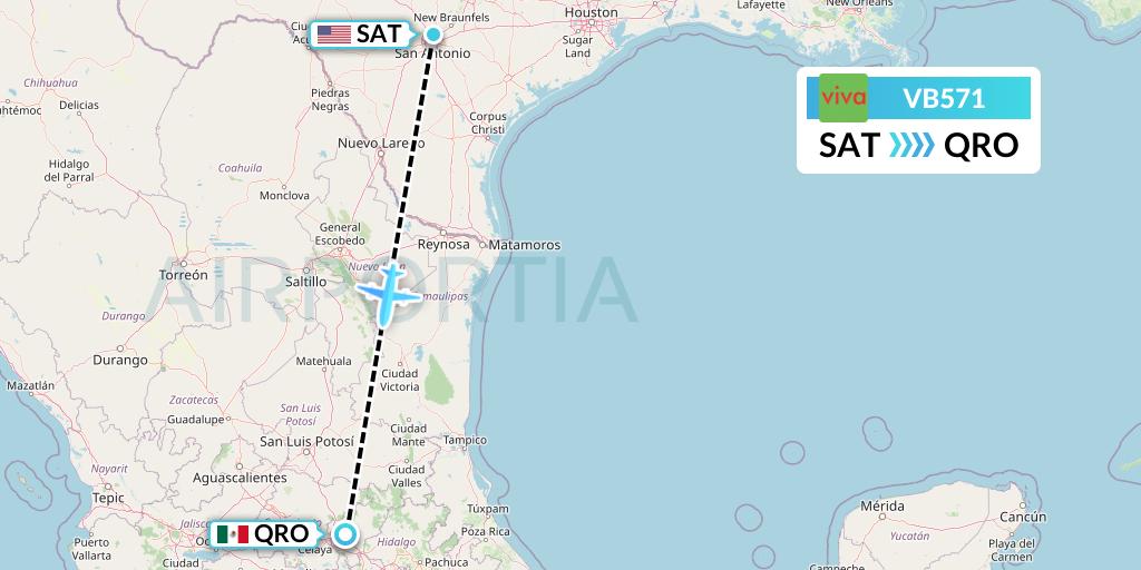 VB571 VivaAerobus Flight Map: San Antonio to Queretaro