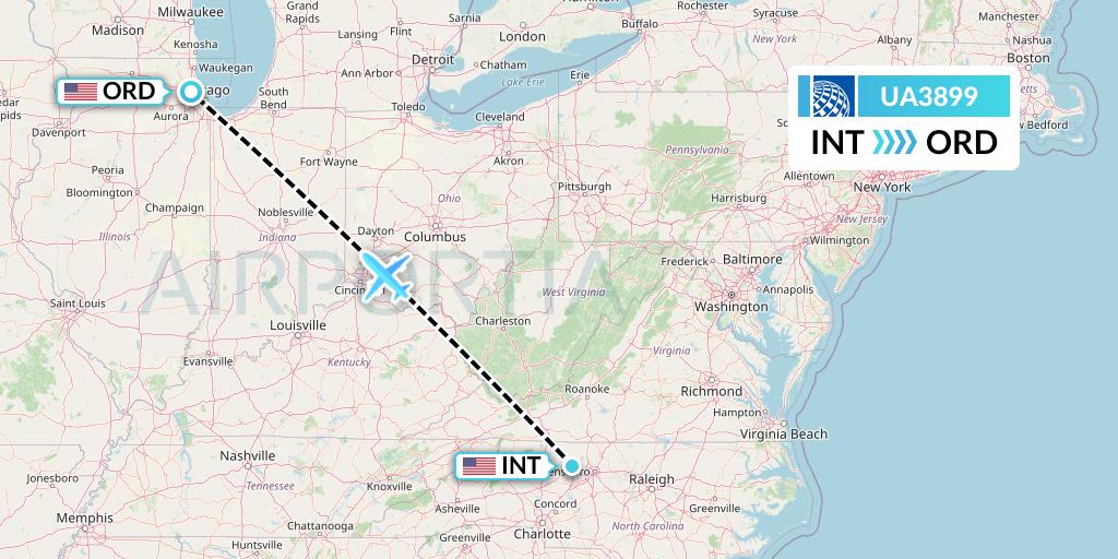 UA3899 United Airlines Flight Map: Winston-Salem to Chicago