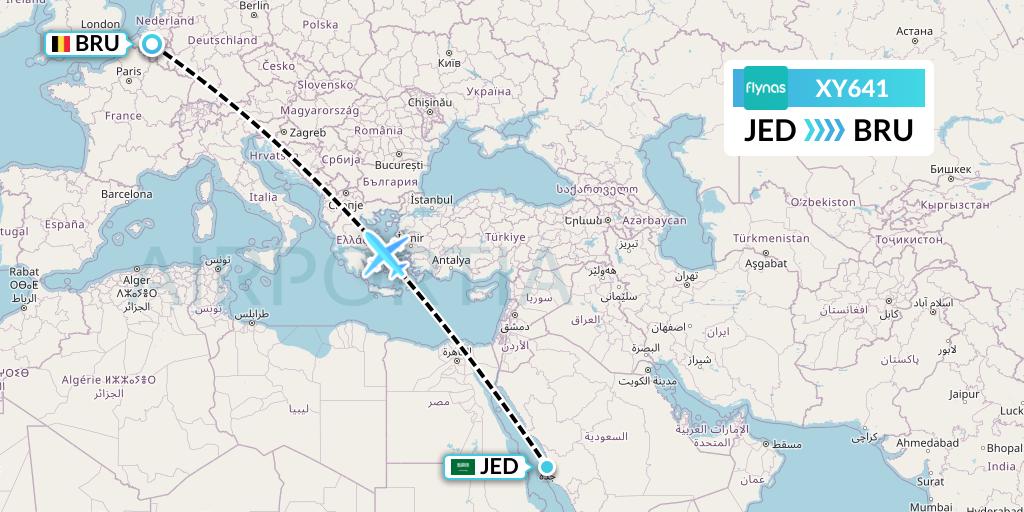 XY641 Flynas Flight Map: Jeddah to Brussels