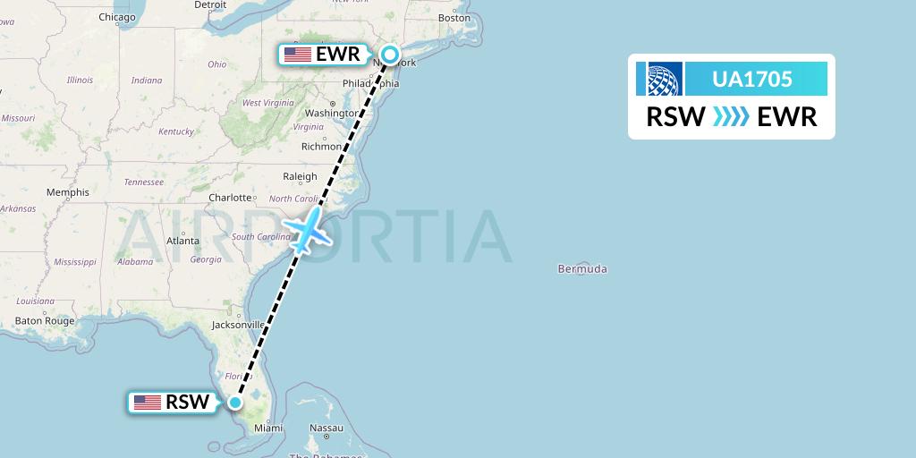 UA1705 United Airlines Flight Map: Fort Myers to New York