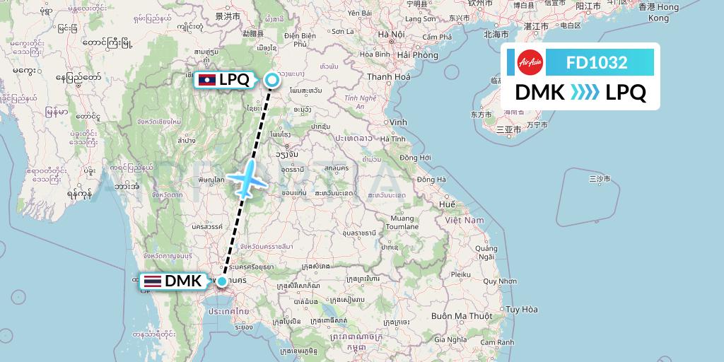 FD1032 Thai AirAsia Flight Map: Bangkok to Luang Prabang