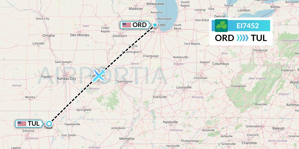 EI7452 Aer Lingus Flight Map: Chicago to Tulsa