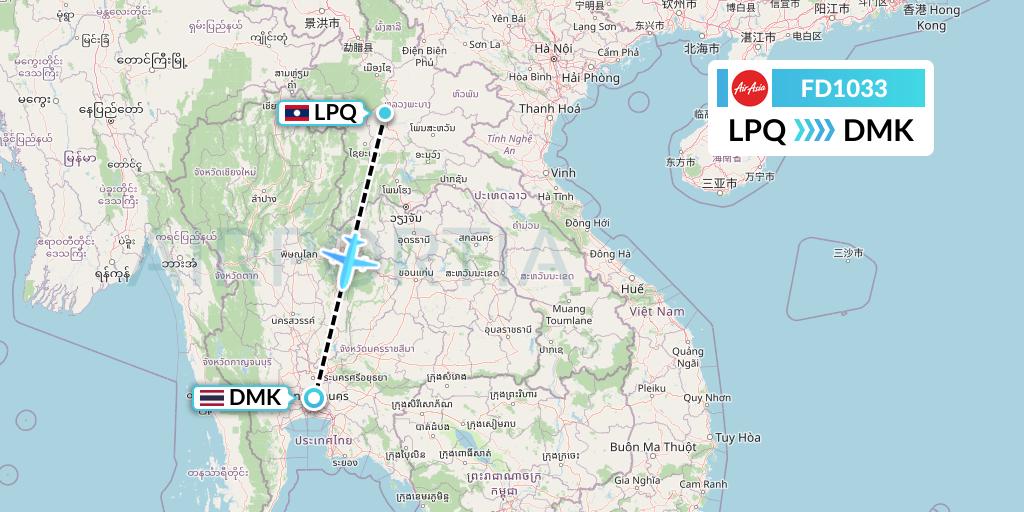 FD1033 Thai AirAsia Flight Map: Luang Prabang to Bangkok