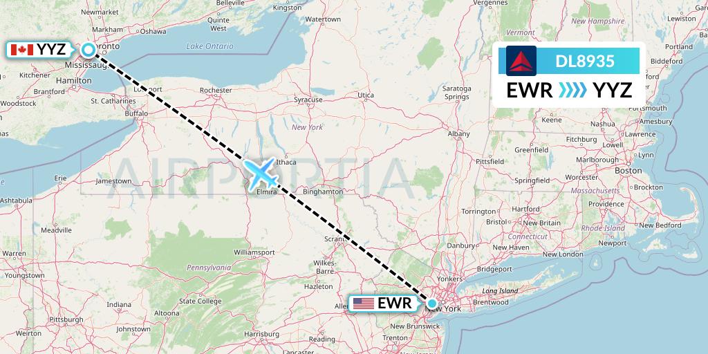 DL8935 Delta Air Lines Flight Map: New York to Toronto
