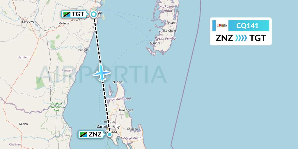 CQ141 Coastal Aviation Flight Map: Zanzibar to Tanga
