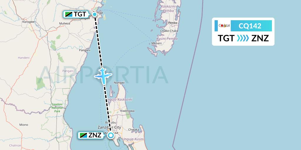 CQ142 Coastal Aviation Flight Map: Tanga to Zanzibar
