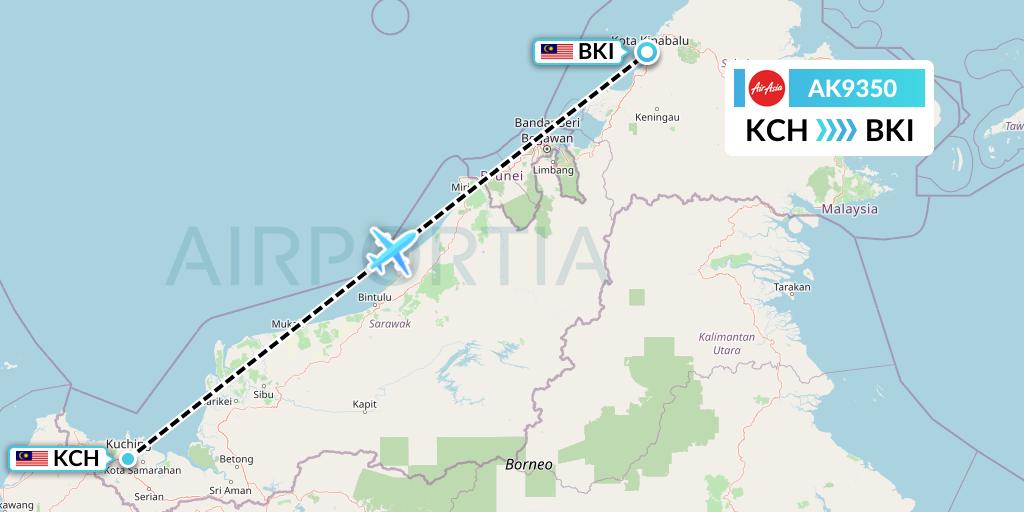AK9350 AirAsia Flight Map: Kuching to Kota Kinabalu