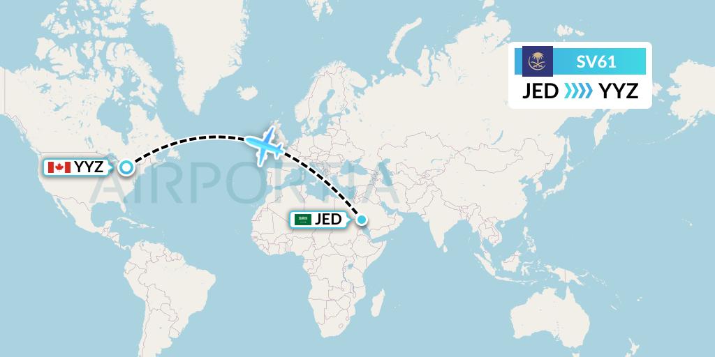 SV61 Saudi Arabian Airlines Flight Map: Jeddah to Toronto