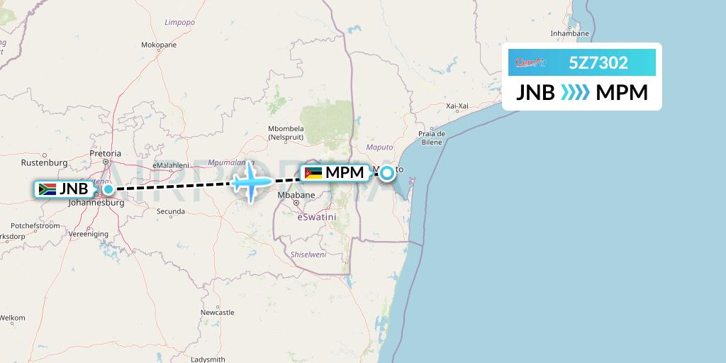 5Z7302 CemAir Flight Map: Johannesburg to Maputo