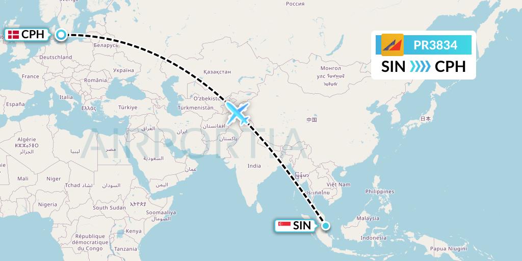 PR3834 Philippine Airlines Flight Map: Singapore to Copenhagen