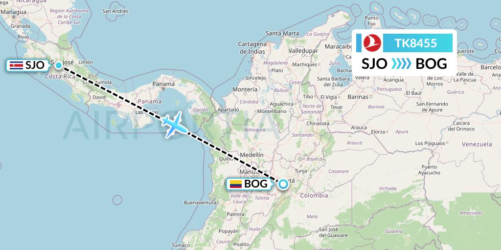 TK8455 Turkish Airlines Flight Map: San Jose to Bogota