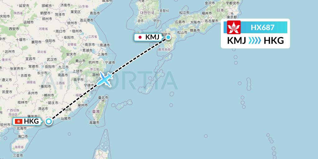 HX687 Hong Kong Airlines Flight Map: Kumamoto to Hong Kong