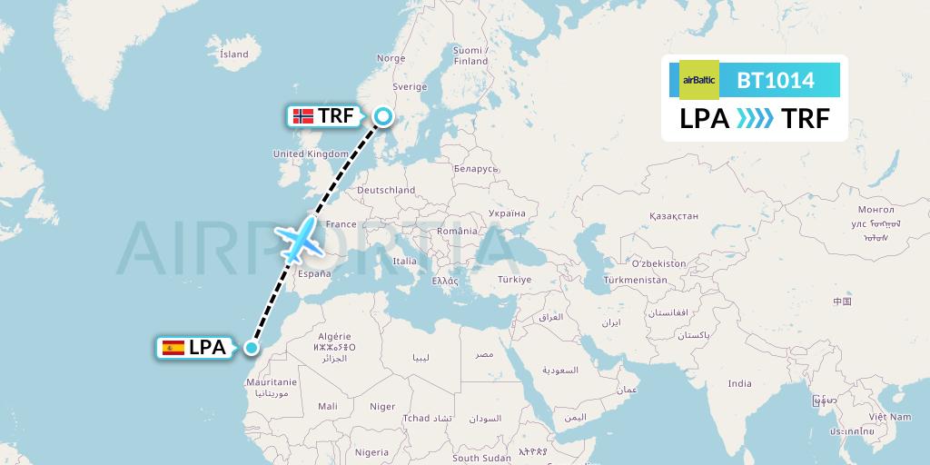 BT1014 Air Baltic Flight Map: Las Palmas to Oslo