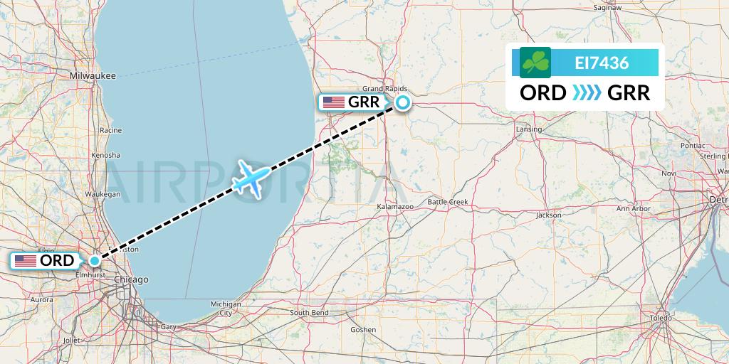 EI7436 Aer Lingus Flight Map: Chicago to Grand Rapids